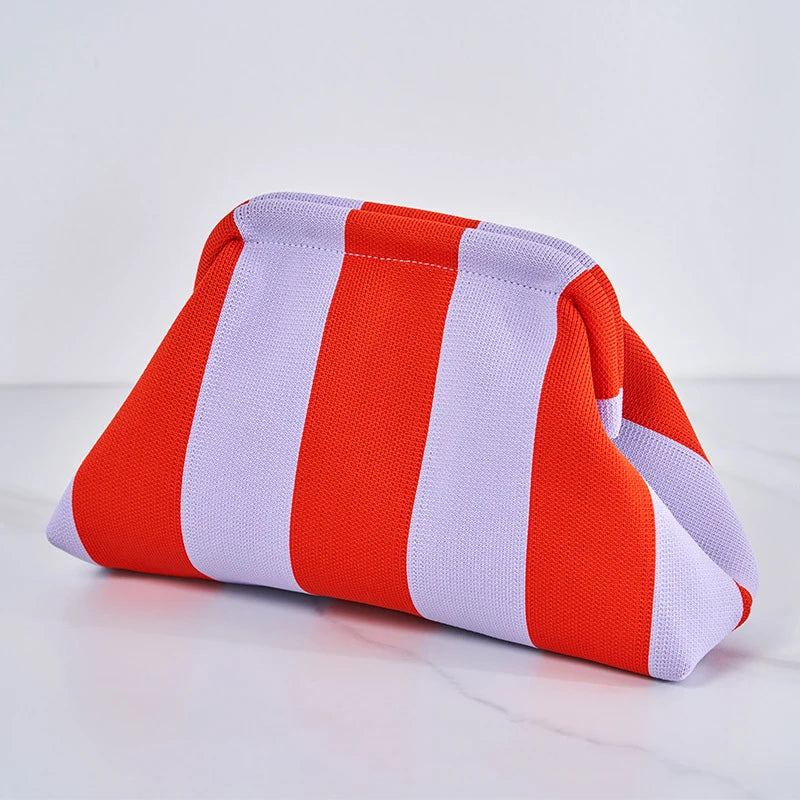 Solena Striped Woven Clutch Bag – Women’s Crochet-Style Beach Handbag | Soft Knitted Dumpling Purse | Casual Summer Clutch