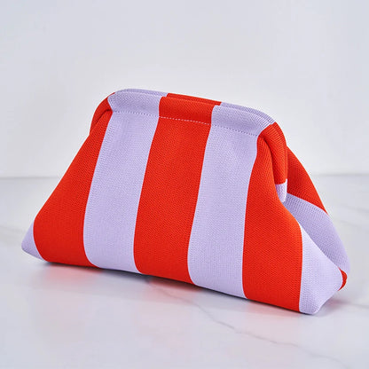 Solena Striped Woven Clutch Bag – Women’s Crochet-Style Beach Handbag | Soft Knitted Dumpling Purse | Casual Summer Clutch