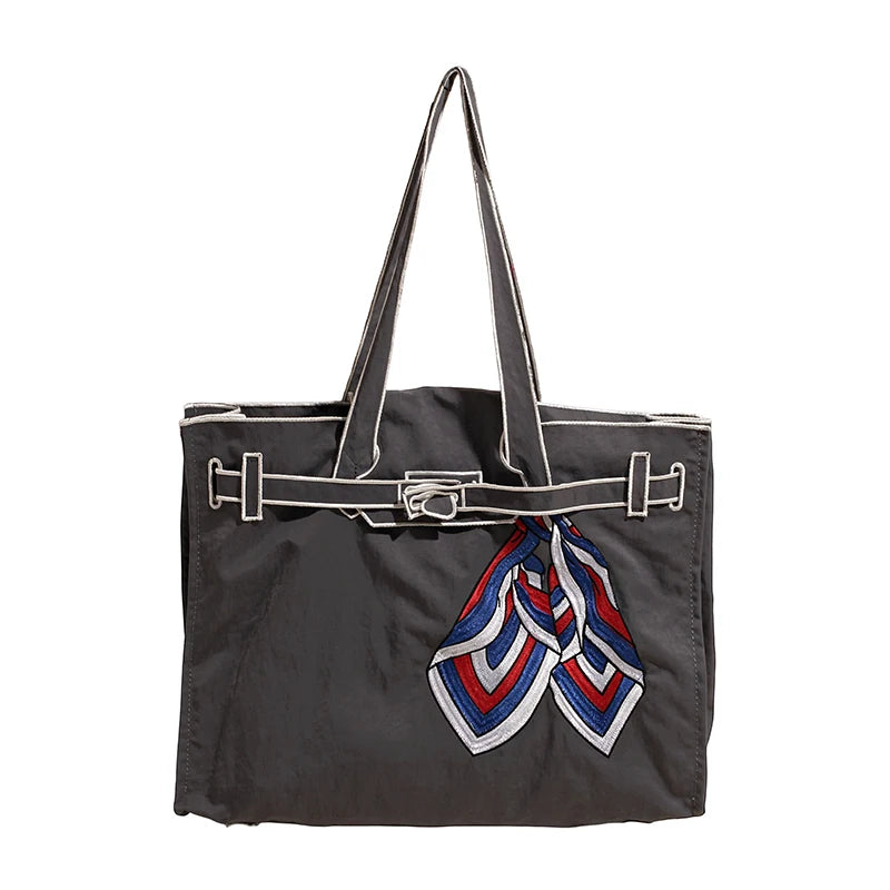 Narelle Embroidered Nylon Scarf Tote Bag – Women’s Large Capacity Shoulder Handbag | Bow Detail & Organised Interior | Retro Everyday Shopper