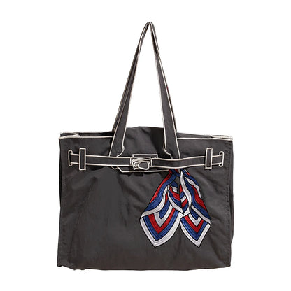 Narelle Embroidered Nylon Scarf Tote Bag – Women’s Large Capacity Shoulder Handbag | Bow Detail & Organised Interior | Retro Everyday Shopper