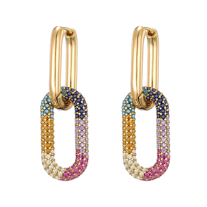 Avelisse Geometric Zircon Hoop Earrings – Gold-Tone Oval & Rectangle Drop Earrings | Colourful Cubic Zirconia | Elegant Women’s Jewellery