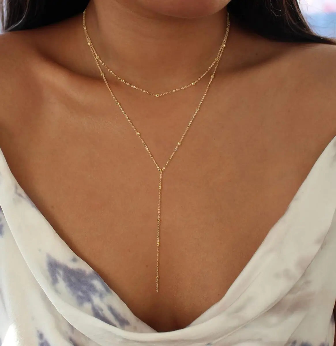 Aurelia Y-Drop Lariat Necklace – Gold-Plated Stainless Steel Necklace | Cubic Zirconia Drop Pendant | Dainty Layered Jewellery for Women