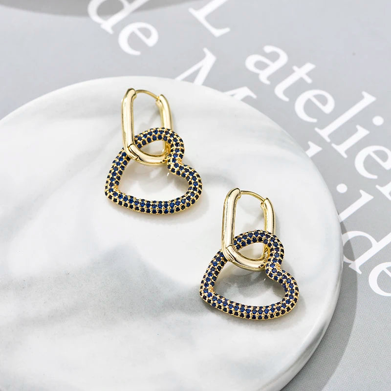 Amorette Heart Zircon Geometric Hoop Earrings – Gold-Tone Oval & Rectangle Drops | Colourful Crystal Jewellery | Elegant Women’s Earrings