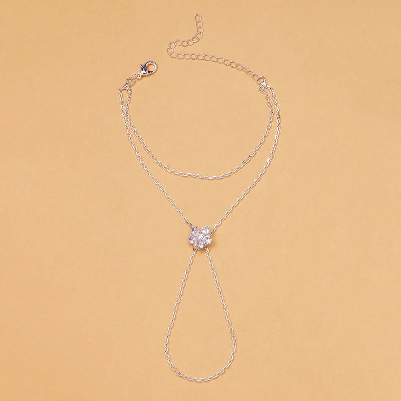 FloraLink Zircon Flower Finger Bracelet – Gold-Tone Double-Layer Hand Chain | Minimalist Floral Charm Jewellery | Women’s Finger Bracelet