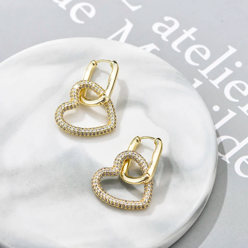 Amorette Heart Zircon Geometric Hoop Earrings – Gold-Tone Oval & Rectangle Drops | Colourful Crystal Jewellery | Elegant Women’s Earrings