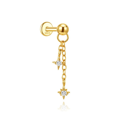Elarisse 925 Sterling Silver Zircon Chain Stud – Women’s Flat-Back Piercing Earring | Kite Stone & Star Tassel Detail | Fine Jewellery