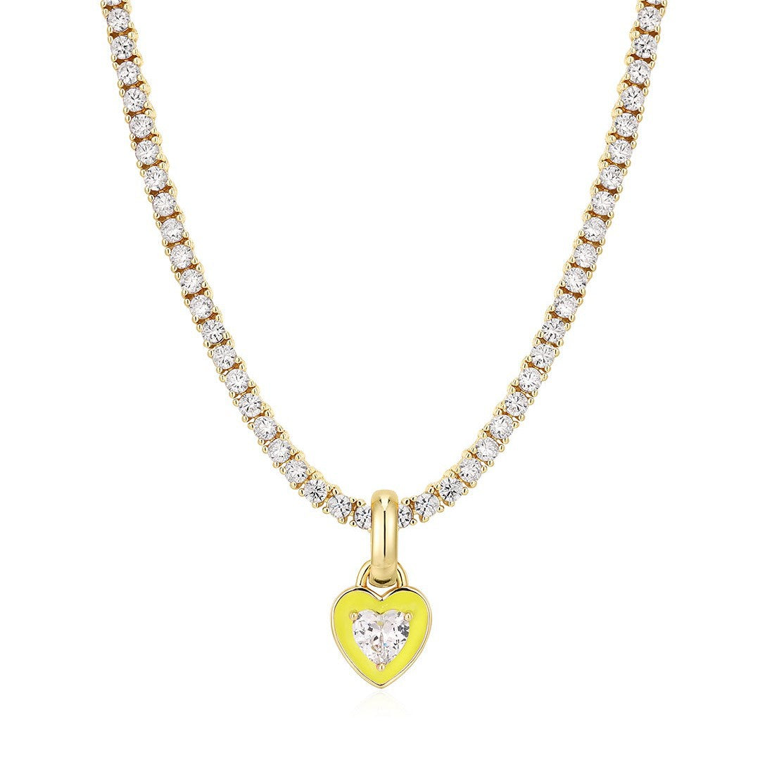 Emerelle Heart Tennis Chain Necklace – Stainless Steel Zircon Choker | Green Crystal & Colourful Enamel | Women’s Statement Jewellery