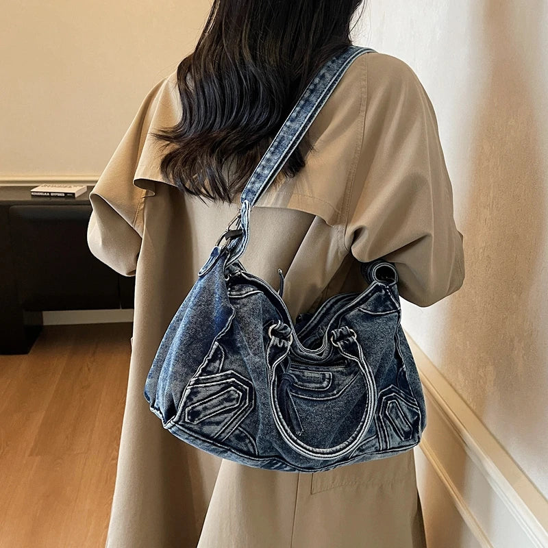 Denvara Vintage Washed Denim Tote Bag – Women's Large Capacity Shoulder Bag | Retro Rivet Detail | Casual Motorcycle-Style Handbag