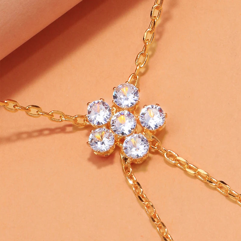 FloraLink Zircon Flower Finger Bracelet – Gold-Tone Double-Layer Hand Chain | Minimalist Floral Charm Jewellery | Women’s Finger Bracelet