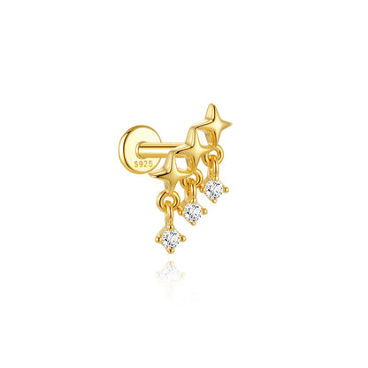 Elarisse 925 Sterling Silver Zircon Chain Stud – Women’s Flat-Back Piercing Earring | Kite Stone & Star Tassel Detail | Fine Jewellery