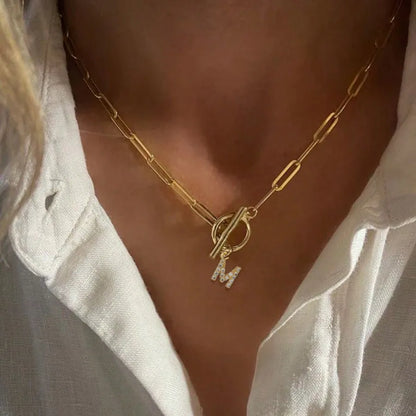 ElaraInitial Paperclip Chain Necklace – Stainless Steel Letter Pendant | Toggle Clasp Choker | Personalised-Style Women’s Jewellery