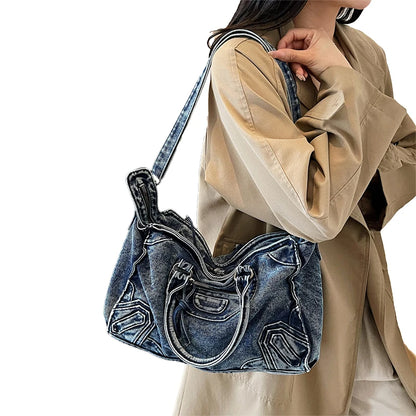 Denvara Vintage Washed Denim Tote Bag – Women's Large Capacity Shoulder Bag | Retro Rivet Detail | Casual Motorcycle-Style Handbag