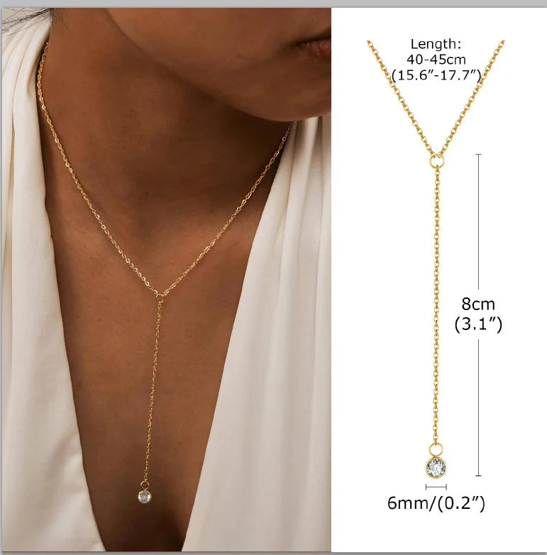 Aurelia Y-Drop Lariat Necklace – Gold-Plated Stainless Steel Necklace | Cubic Zirconia Drop Pendant | Dainty Layered Jewellery for Women