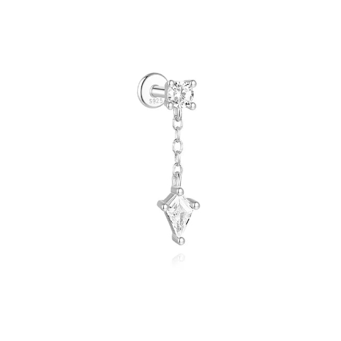 Elarisse 925 Sterling Silver Zircon Chain Stud – Women’s Flat-Back Piercing Earring | Kite Stone & Star Tassel Detail | Fine Jewellery