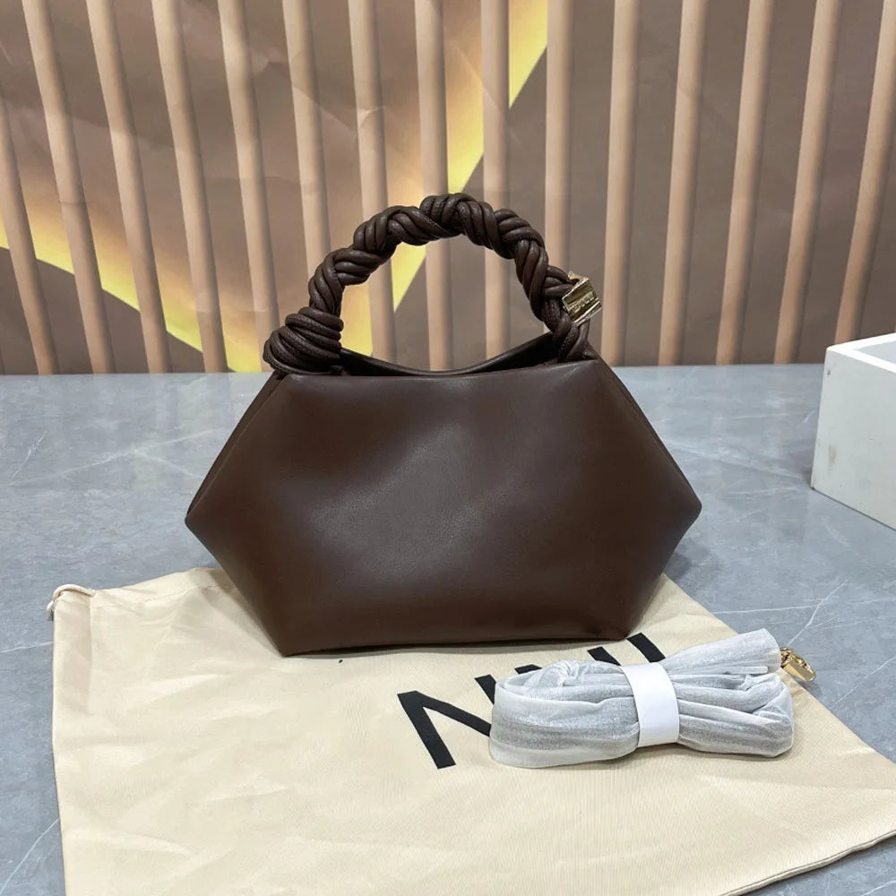 Elvoria Leather Dumpling Bag – Women's Genuine Leather Shoulder Bag | Woven Rope Handle | Soft Everyday Crossbody Handbag