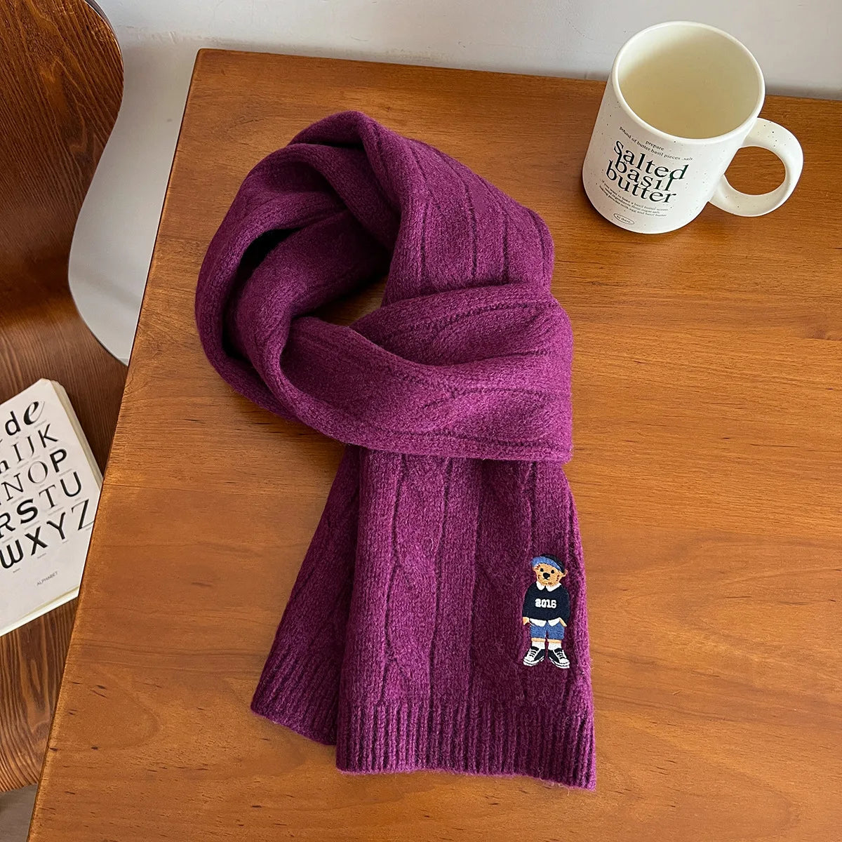 Bramwell Australian Wool Cable Knit Scarf – Unisex Embroidered Bear Winter Neck Wrap | Thick Warm Wool Scarf | British Vintage-Inspired Accessory