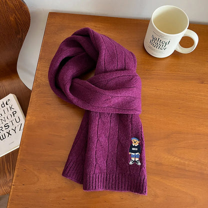 Bramwell Australian Wool Cable Knit Scarf – Unisex Embroidered Bear Winter Neck Wrap | Thick Warm Wool Scarf | British Vintage-Inspired Accessory