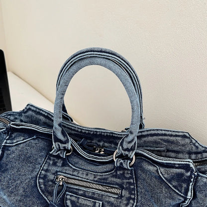 Denvara Vintage Washed Denim Tote Bag – Women's Large Capacity Shoulder Bag | Retro Rivet Detail | Casual Motorcycle-Style Handbag