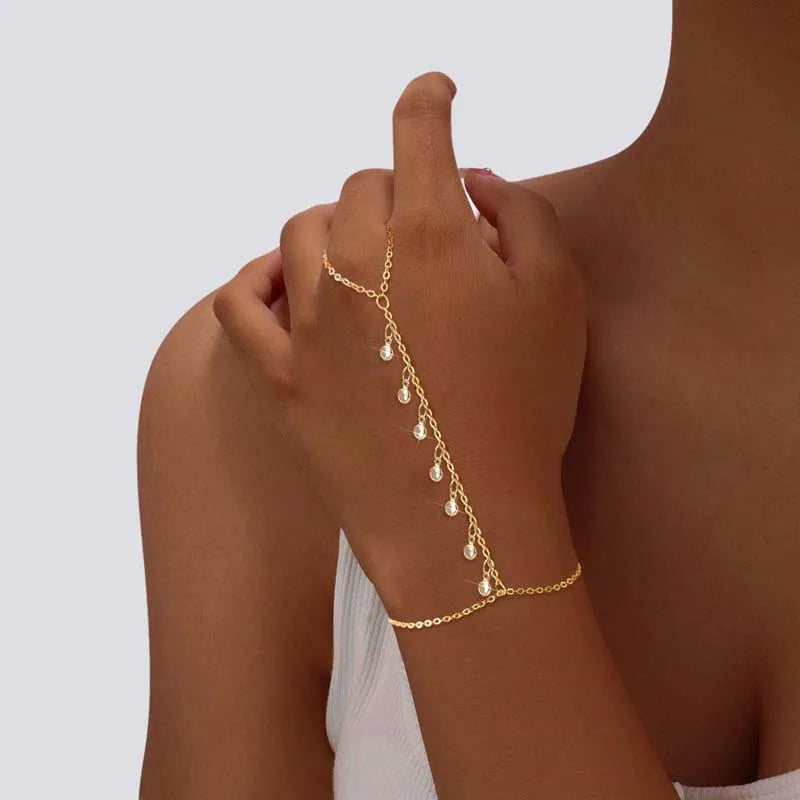 AureliaTassel Geometric Finger Chain Bracelet – Gold-Tone Stainless Steel Hand Jewellery | Tassel Ring Bracelet | Women’s Statement Chain