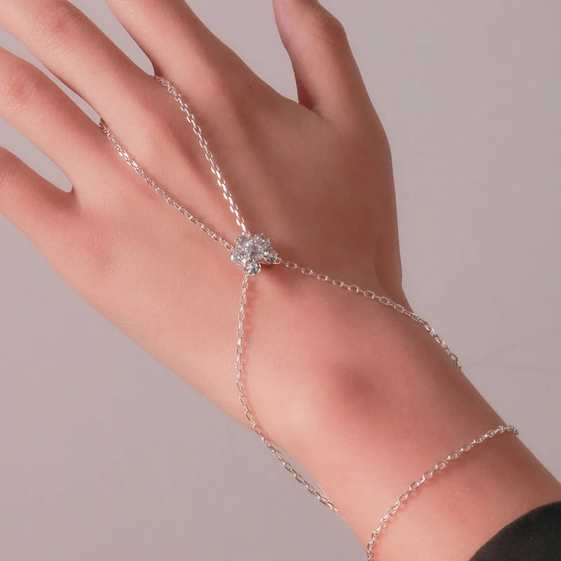 FloraLink Zircon Flower Finger Bracelet – Gold-Tone Double-Layer Hand Chain | Minimalist Floral Charm Jewellery | Women’s Finger Bracelet