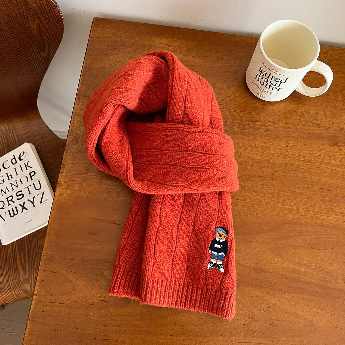 Bramwell Australian Wool Cable Knit Scarf – Unisex Embroidered Bear Winter Neck Wrap | Thick Warm Wool Scarf | British Vintage-Inspired Accessory