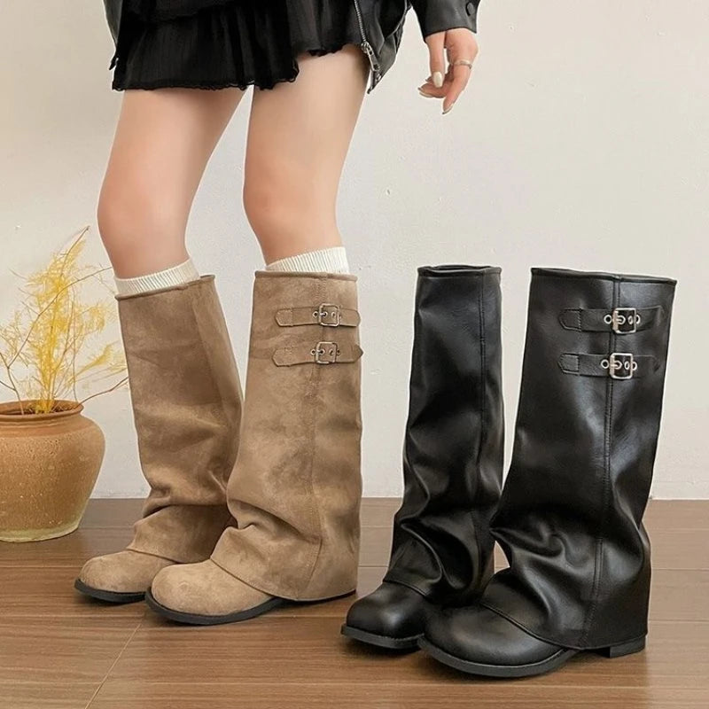Montelle Foldover Slouchy Moto Boots – Women’s Mid-Calf Slip-On Boots | Buckle Strap & Waterproof PU Upper | Winter Casual Footwear