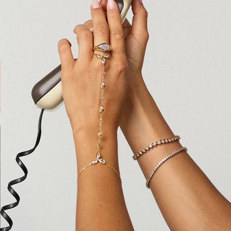 ElaraDrop Zircon Finger Chain Bracelet – Stainless Steel Hand Jewellery | Water Droplet Charm | Minimalist Women’s Statement Bracelet