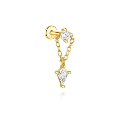 Elarisse 925 Sterling Silver Zircon Chain Stud – Women’s Flat-Back Piercing Earring | Kite Stone & Star Tassel Detail | Fine Jewellery