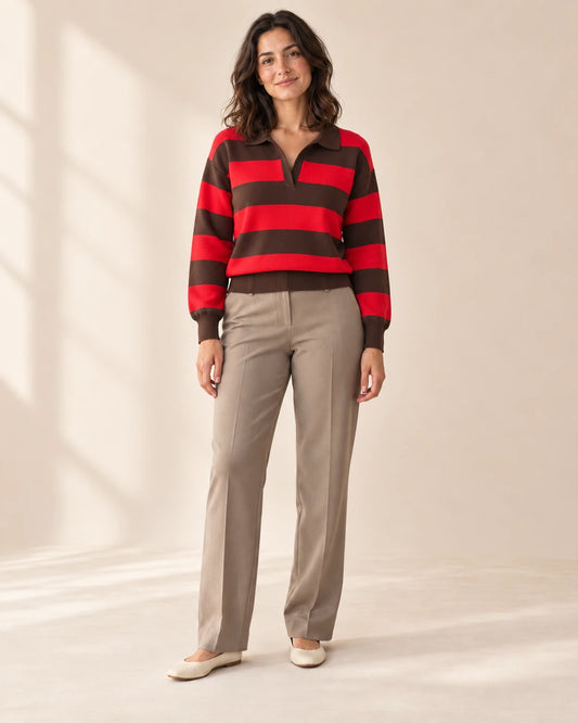 Marlowe Striped Collared Knit Jumper — Saint & Rose model on warm beige background