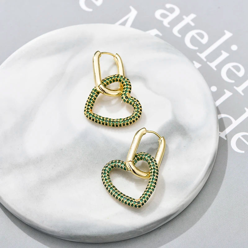 Amorette Heart Zircon Geometric Hoop Earrings – Gold-Tone Oval & Rectangle Drops | Colourful Crystal Jewellery | Elegant Women’s Earrings