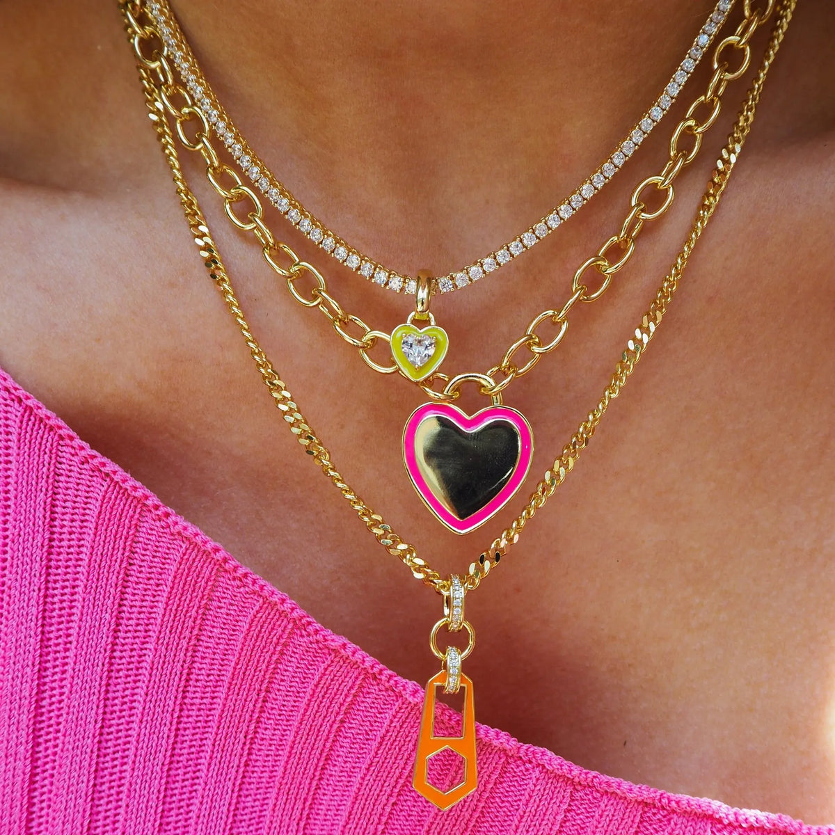 Emerelle Heart Tennis Chain Necklace – Stainless Steel Zircon Choker | Green Crystal & Colourful Enamel | Women’s Statement Jewellery