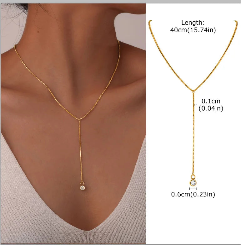 Aurelia Y-Drop Lariat Necklace – Gold-Plated Stainless Steel Necklace | Cubic Zirconia Drop Pendant | Dainty Layered Jewellery for Women