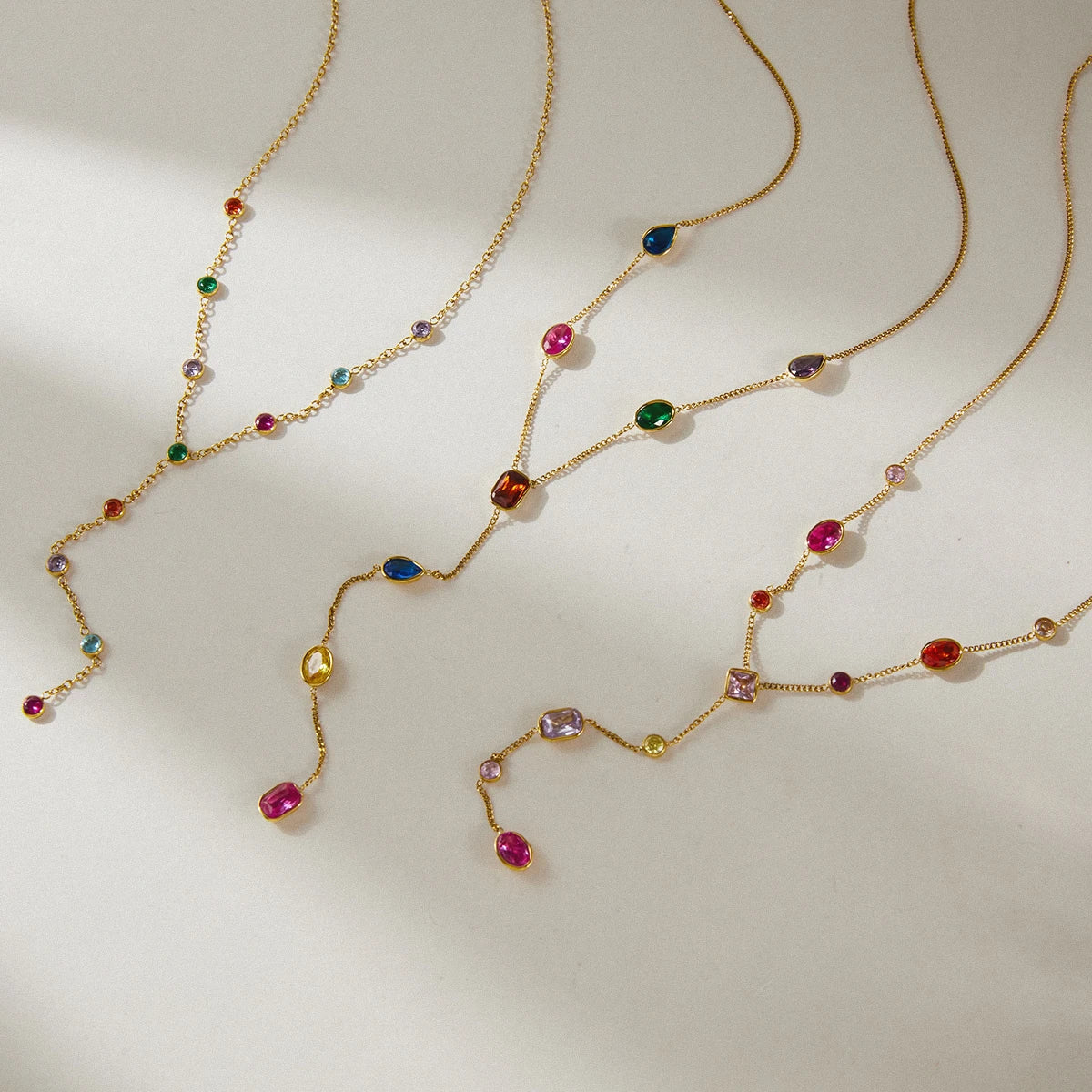 Virelia Multicolour Zircon Y-Shape Necklace – 18K Gold PVD Stainless Steel Jewellery | Geometric Drop Pendant | Women’s Statement Chain