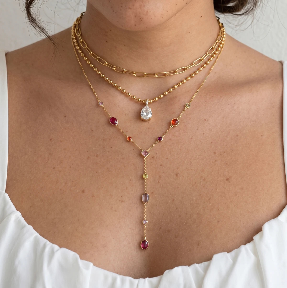 Virelia Multicolour Zircon Y-Shape Necklace – 18K Gold PVD Stainless Steel Jewellery | Geometric Drop Pendant | Women’s Statement Chain