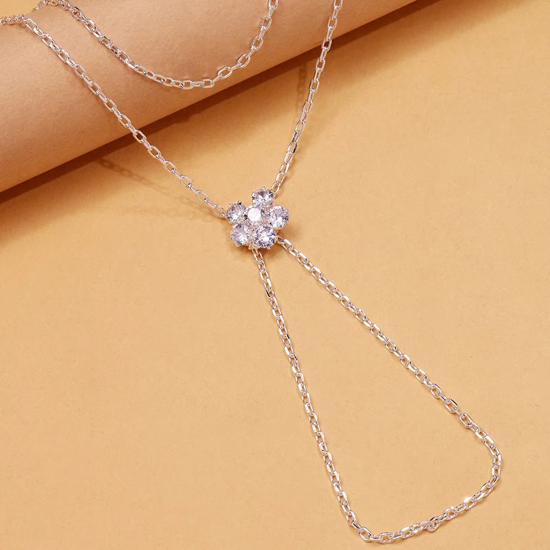 FloraLink Zircon Flower Finger Bracelet – Gold-Tone Double-Layer Hand Chain | Minimalist Floral Charm Jewellery | Women’s Finger Bracelet