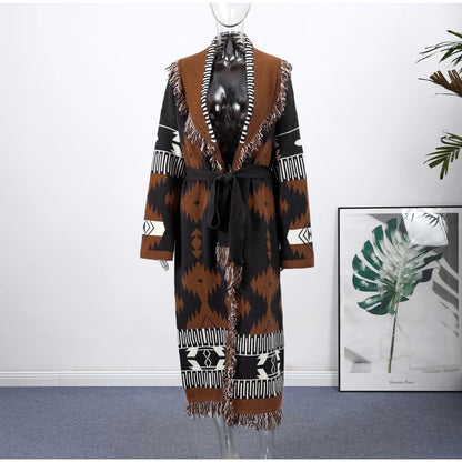 Calivelle Printed Belted Long Cardigan – Women’s Vintage Knit Sweater | Loose Tassel Wrap Design | Autumn & Winter Knitwear