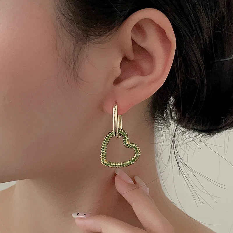 Amorette Heart Zircon Geometric Hoop Earrings – Gold-Tone Oval & Rectangle Drops | Colourful Crystal Jewellery | Elegant Women’s Earrings