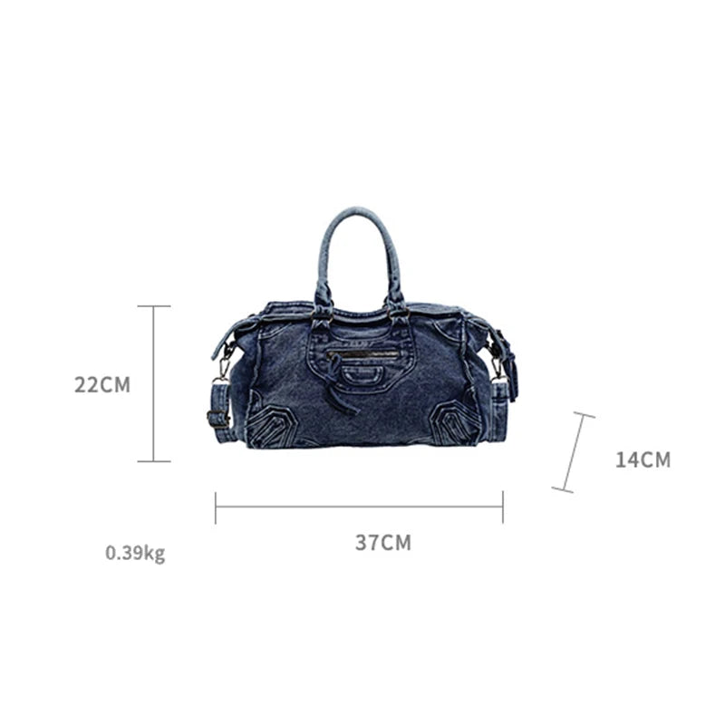 Denvara Vintage Washed Denim Tote Bag – Women's Large Capacity Shoulder Bag | Retro Rivet Detail | Casual Motorcycle-Style Handbag