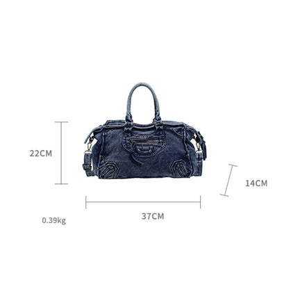 Denvara Vintage Washed Denim Tote Bag – Women's Large Capacity Shoulder Bag | Retro Rivet Detail | Casual Motorcycle-Style Handbag
