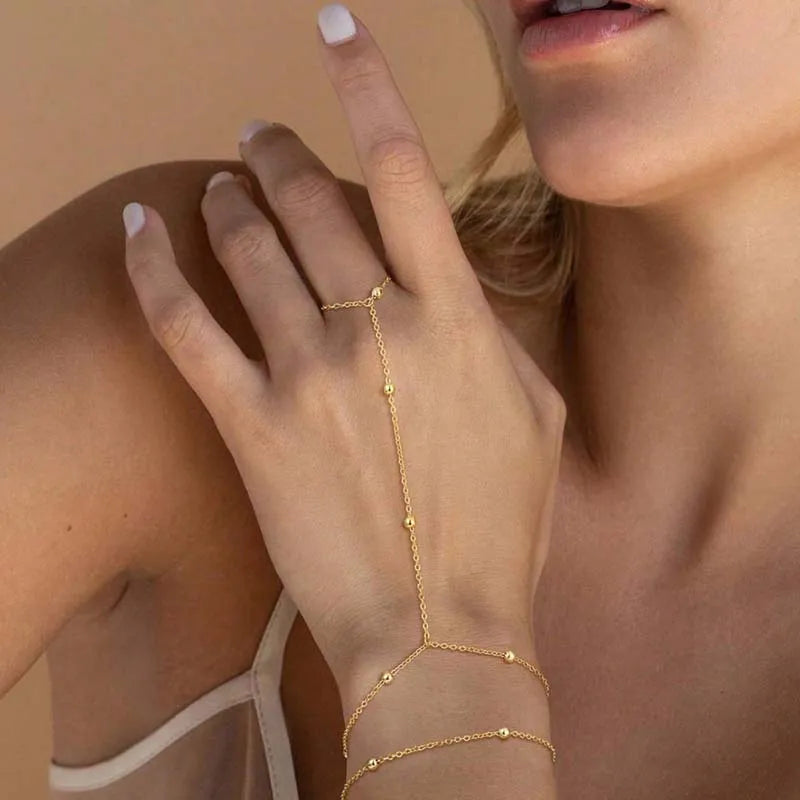 SolaraBead Gold Finger Chain Bracelet – Bohemian Double-Layer Hand Chain | Geometric Beaded Jewellery | Women’s Ring Bracelet