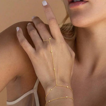 SolaraBead Gold Finger Chain Bracelet – Bohemian Double-Layer Hand Chain | Geometric Beaded Jewellery | Women’s Ring Bracelet