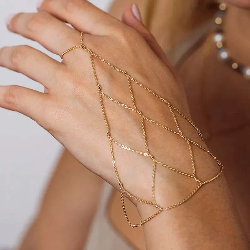 SeraphinaMesh Gold Hand Chain Bracelet – Bohemian Finger Ring Bracelet | Rhinestone Beaded Mesh Jewellery | Bridal Wedding Hand Chain