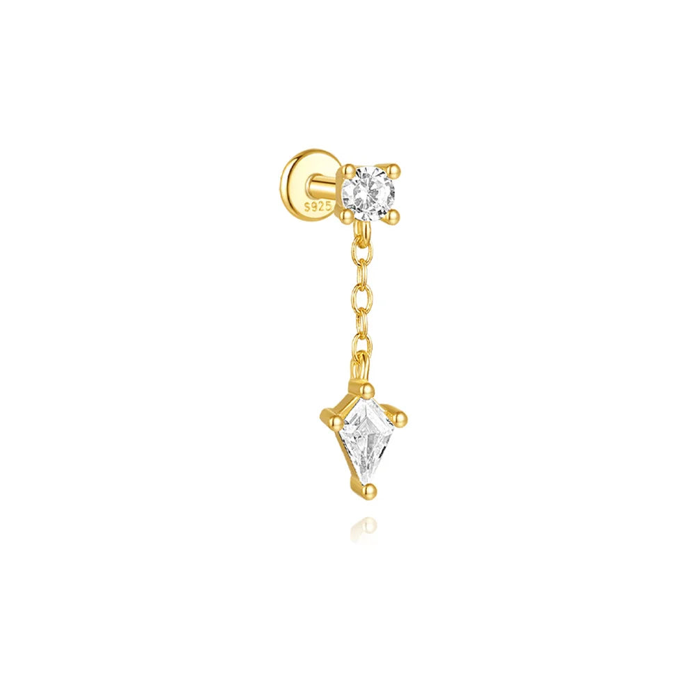 Elarisse 925 Sterling Silver Zircon Chain Stud – Women’s Flat-Back Piercing Earring | Kite Stone & Star Tassel Detail | Fine Jewellery