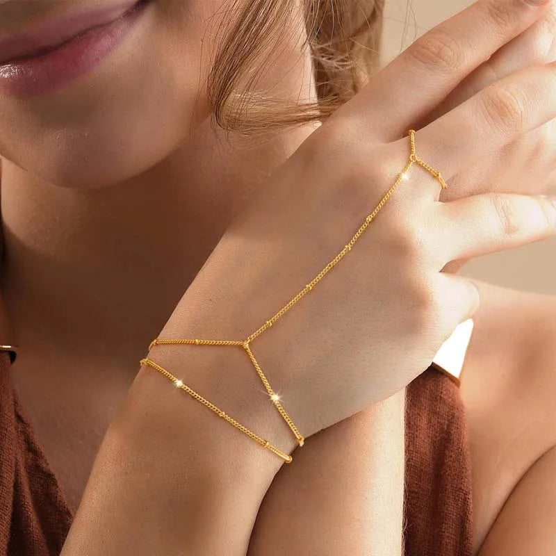 SolaraBead Gold Finger Chain Bracelet – Bohemian Double-Layer Hand Chain | Geometric Beaded Jewellery | Women’s Ring Bracelet