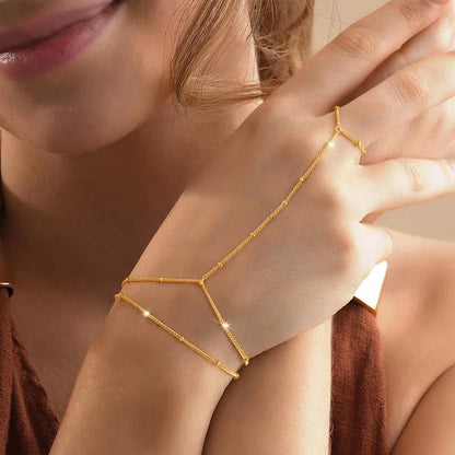 SolaraBead Gold Finger Chain Bracelet – Bohemian Double-Layer Hand Chain | Geometric Beaded Jewellery | Women’s Ring Bracelet