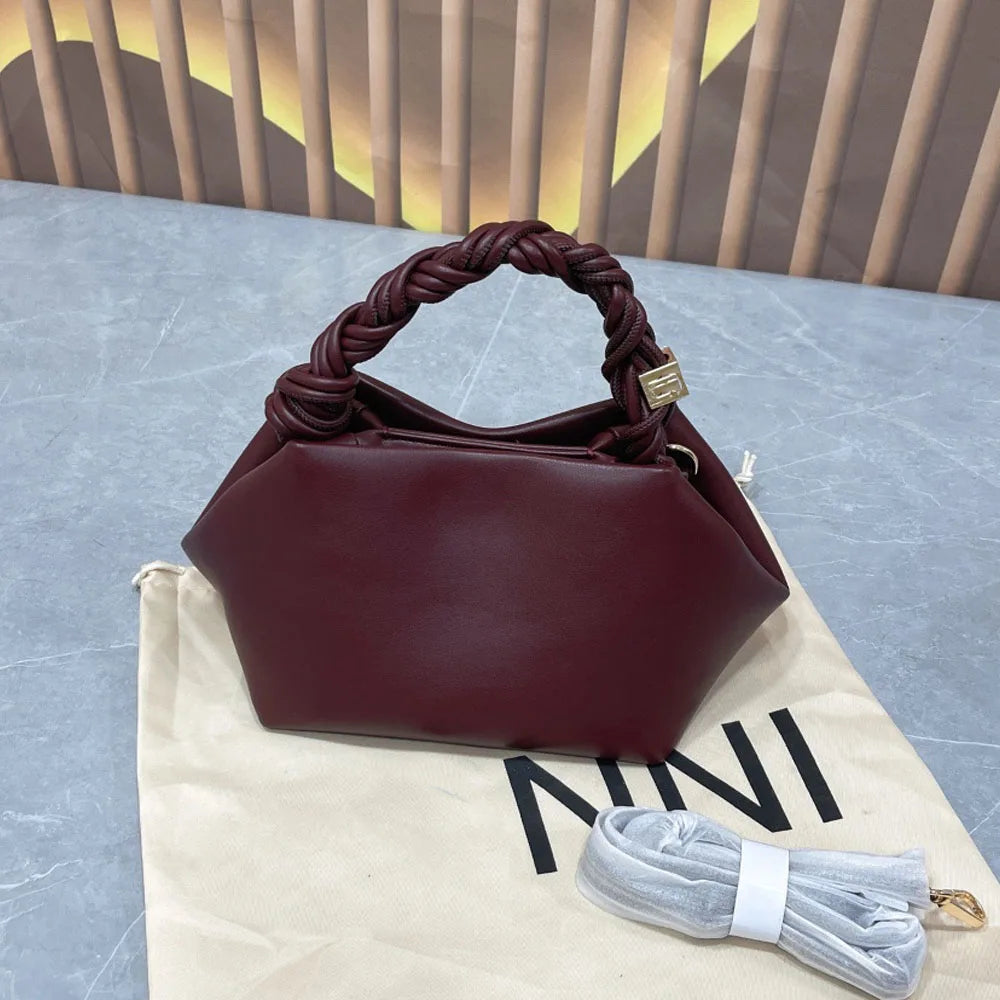 Elvoria Leather Dumpling Bag – Women's Genuine Leather Shoulder Bag | Woven Rope Handle | Soft Everyday Crossbody Handbag