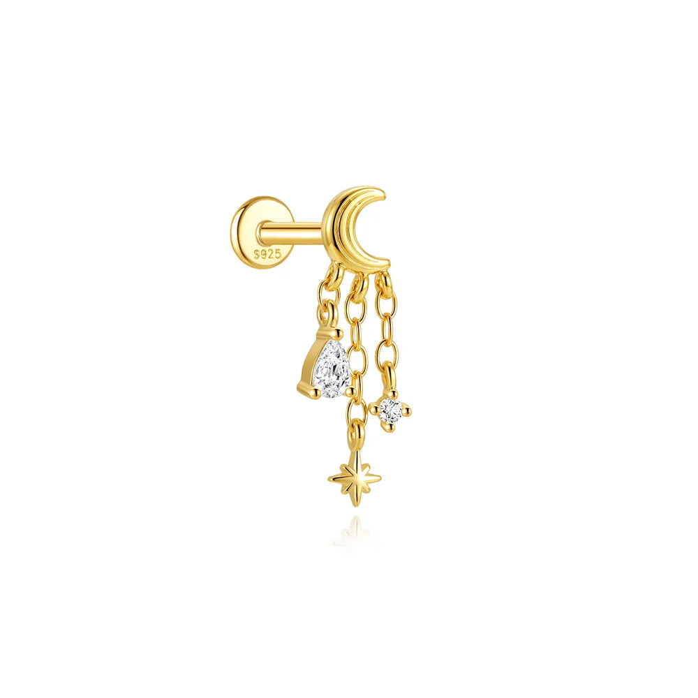 Elarisse 925 Sterling Silver Zircon Chain Stud – Women’s Flat-Back Piercing Earring | Kite Stone & Star Tassel Detail | Fine Jewellery