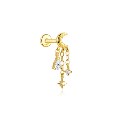 Elarisse 925 Sterling Silver Zircon Chain Stud – Women’s Flat-Back Piercing Earring | Kite Stone & Star Tassel Detail | Fine Jewellery