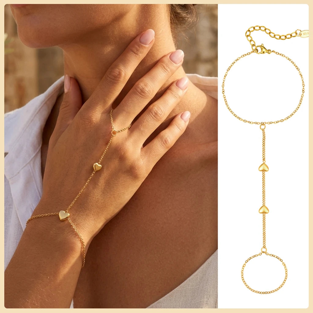 AureliaLink Gold Hand Chain Ring Bracelet – Stainless Steel Finger Bracelet | Adjustable Double-Layer Hand Chain | Women’s Body Jewellery
