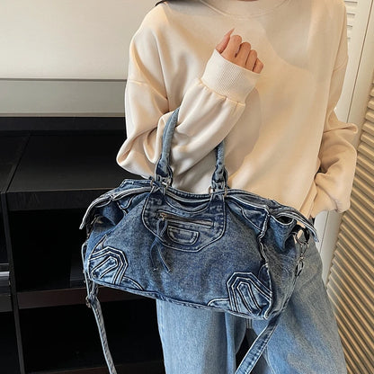 Denvara Vintage Washed Denim Tote Bag – Women's Large Capacity Shoulder Bag | Retro Rivet Detail | Casual Motorcycle-Style Handbag